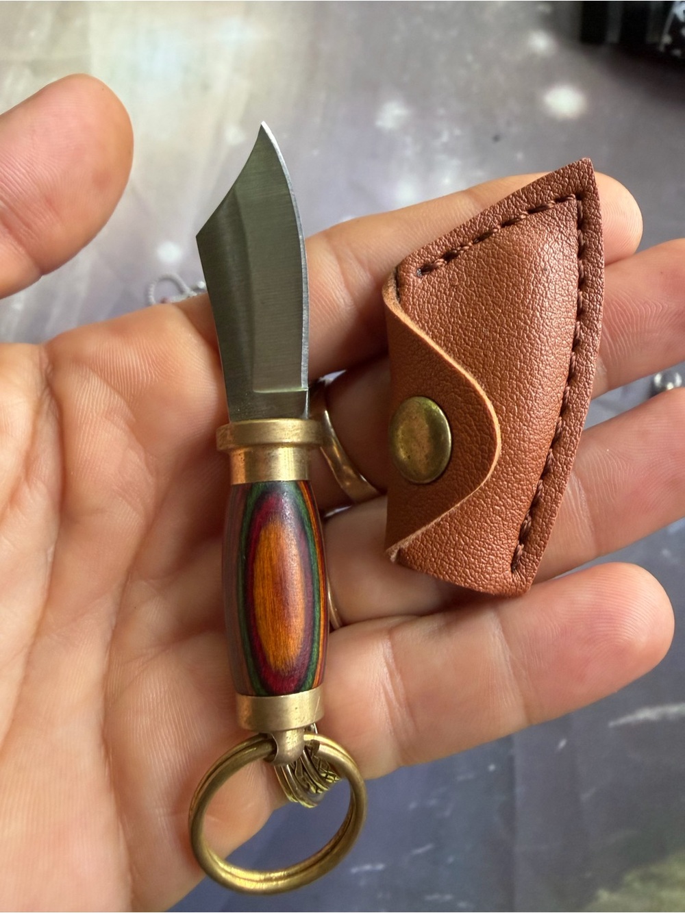 Multicolor Wooden Handle Keychain Knife with Brown Leather Sheath